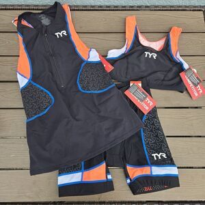 TYR Women Black/Coral Triathlon Trisuit Bra Tank 6 in Padded Shorts Sz S New